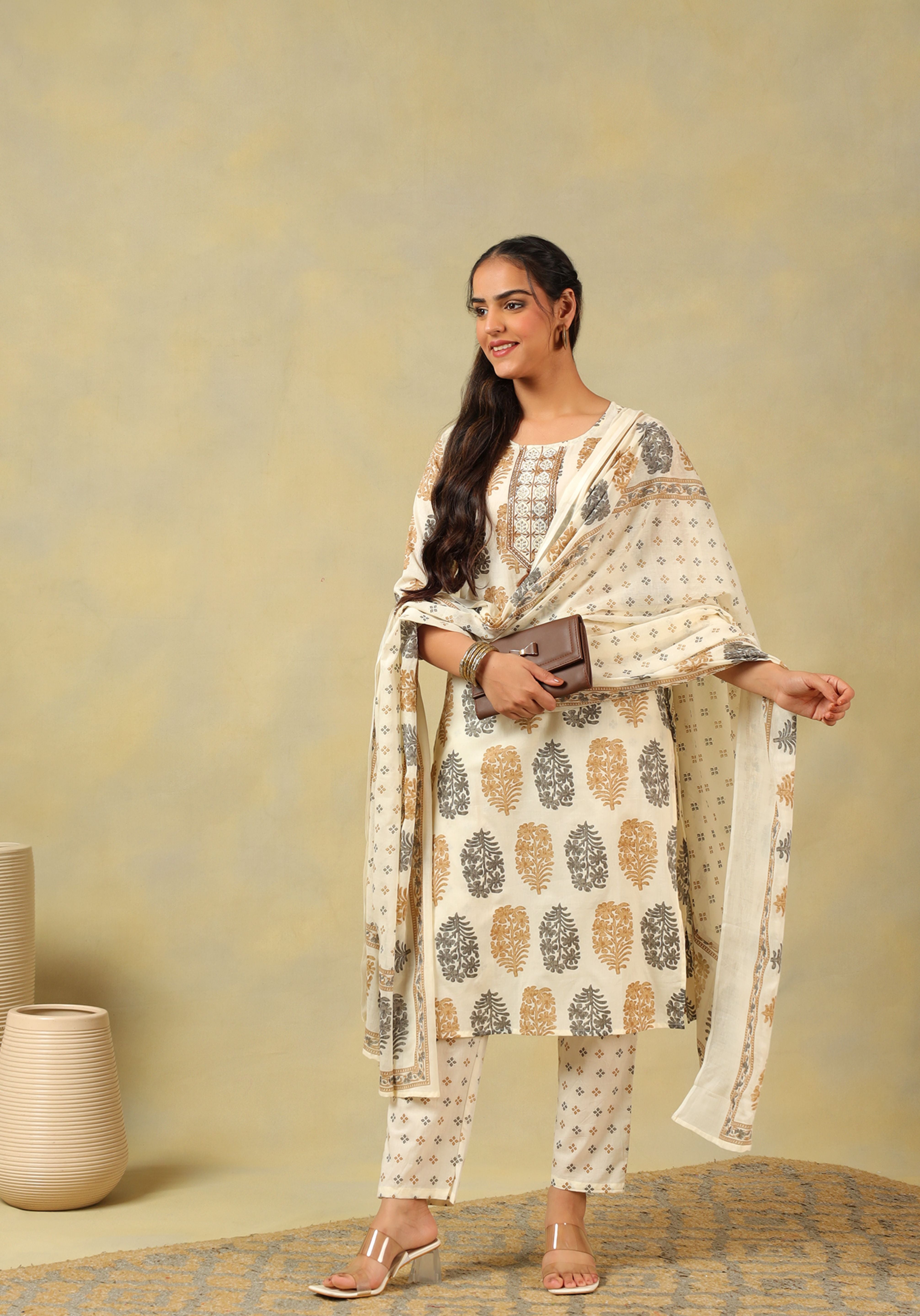 Mihika Pine & Ochre Block Print Suit Set