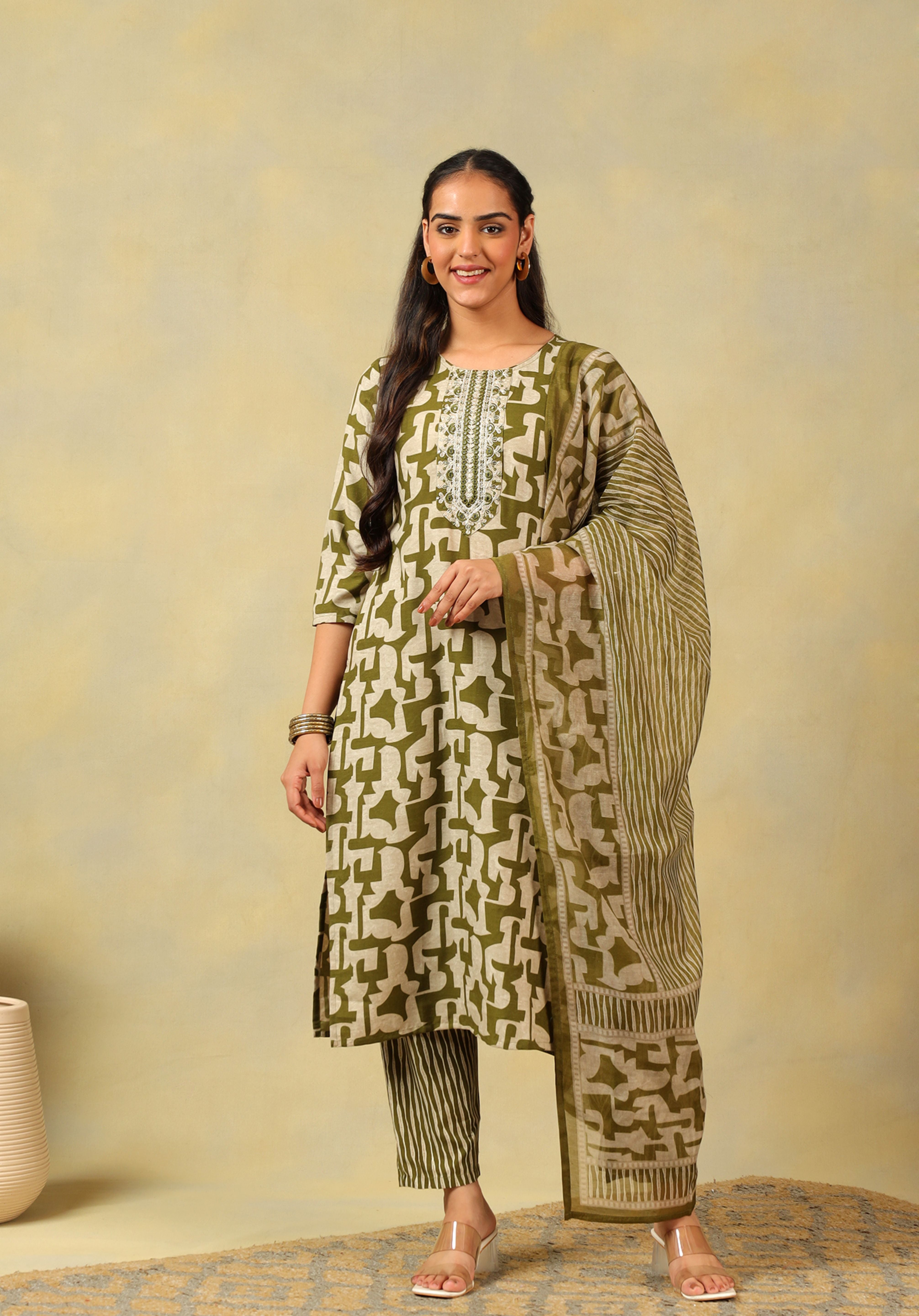 Vaani Olive Abstract Suit Set