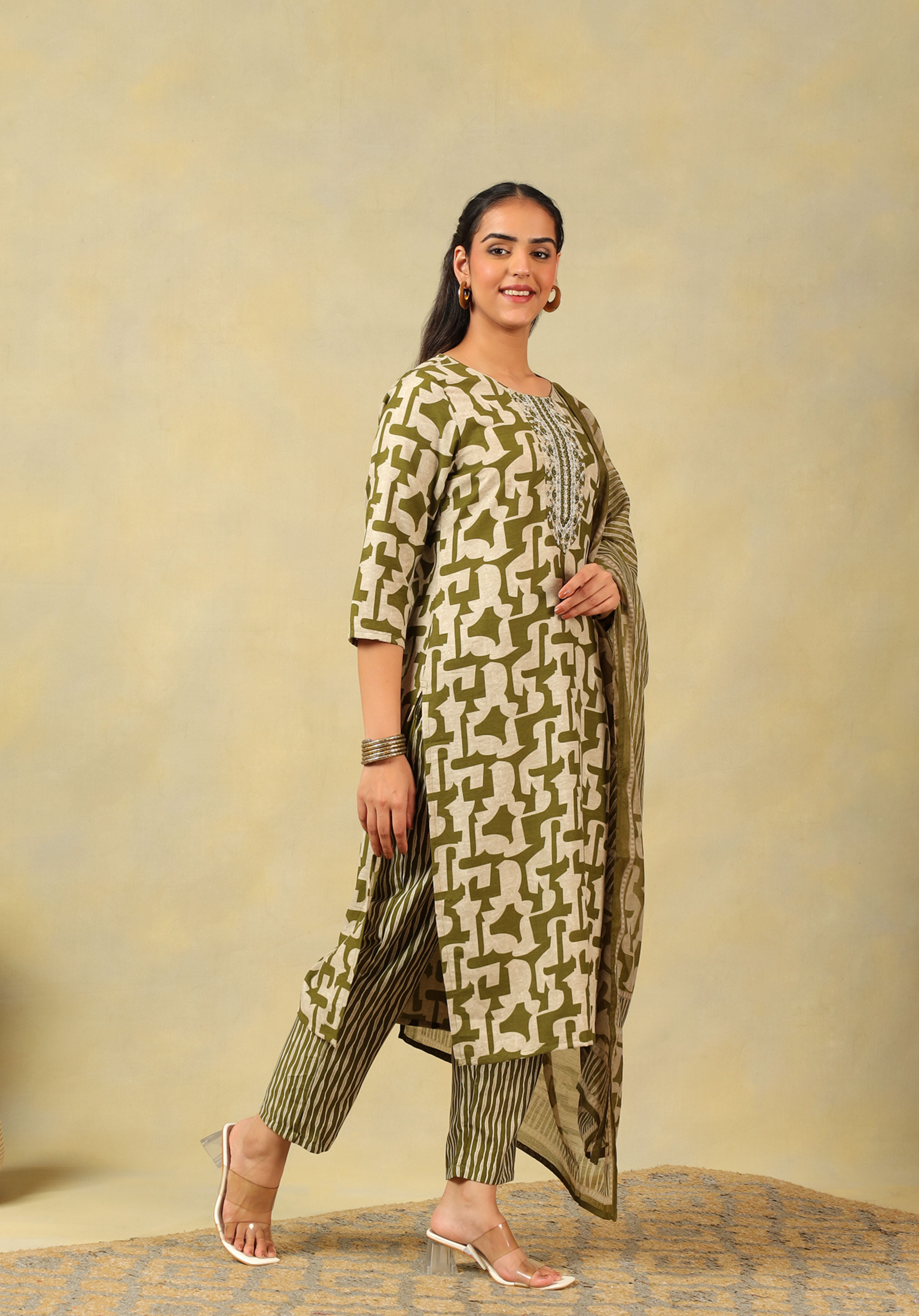 Vaani Olive Abstract Suit Set