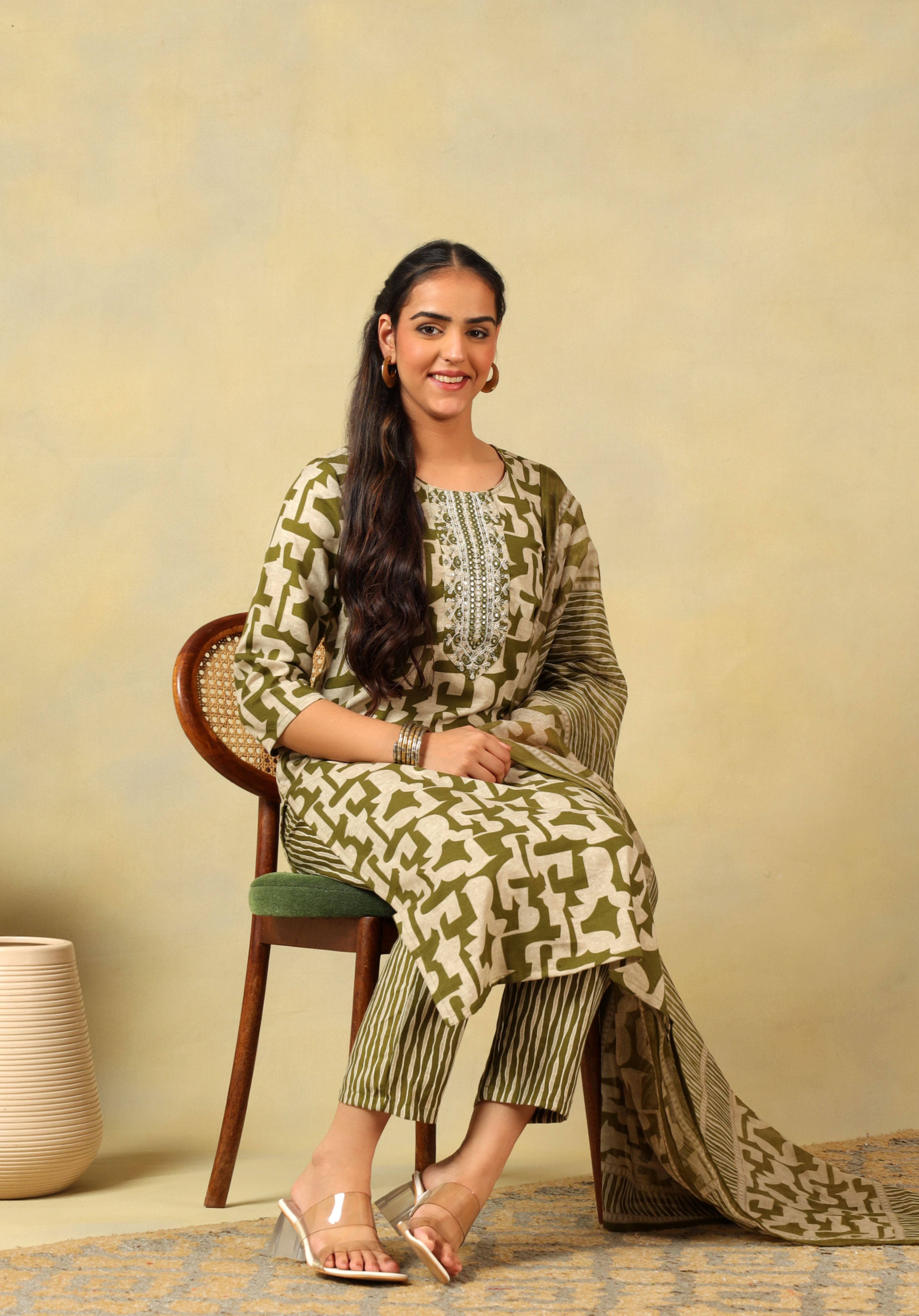 Vaani Olive Abstract Suit Set