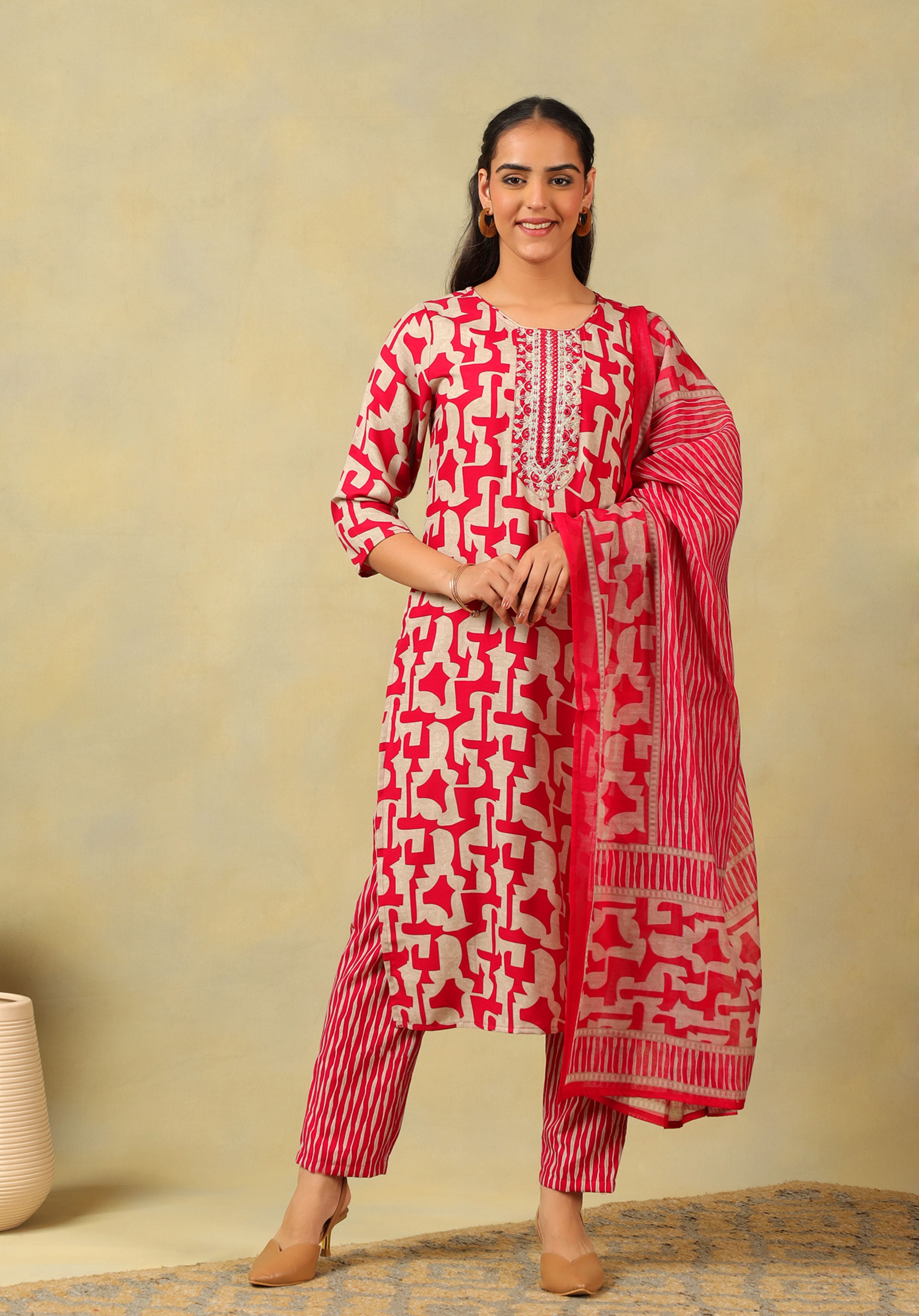 Sanaya Deep Rose Abstract Suit Set