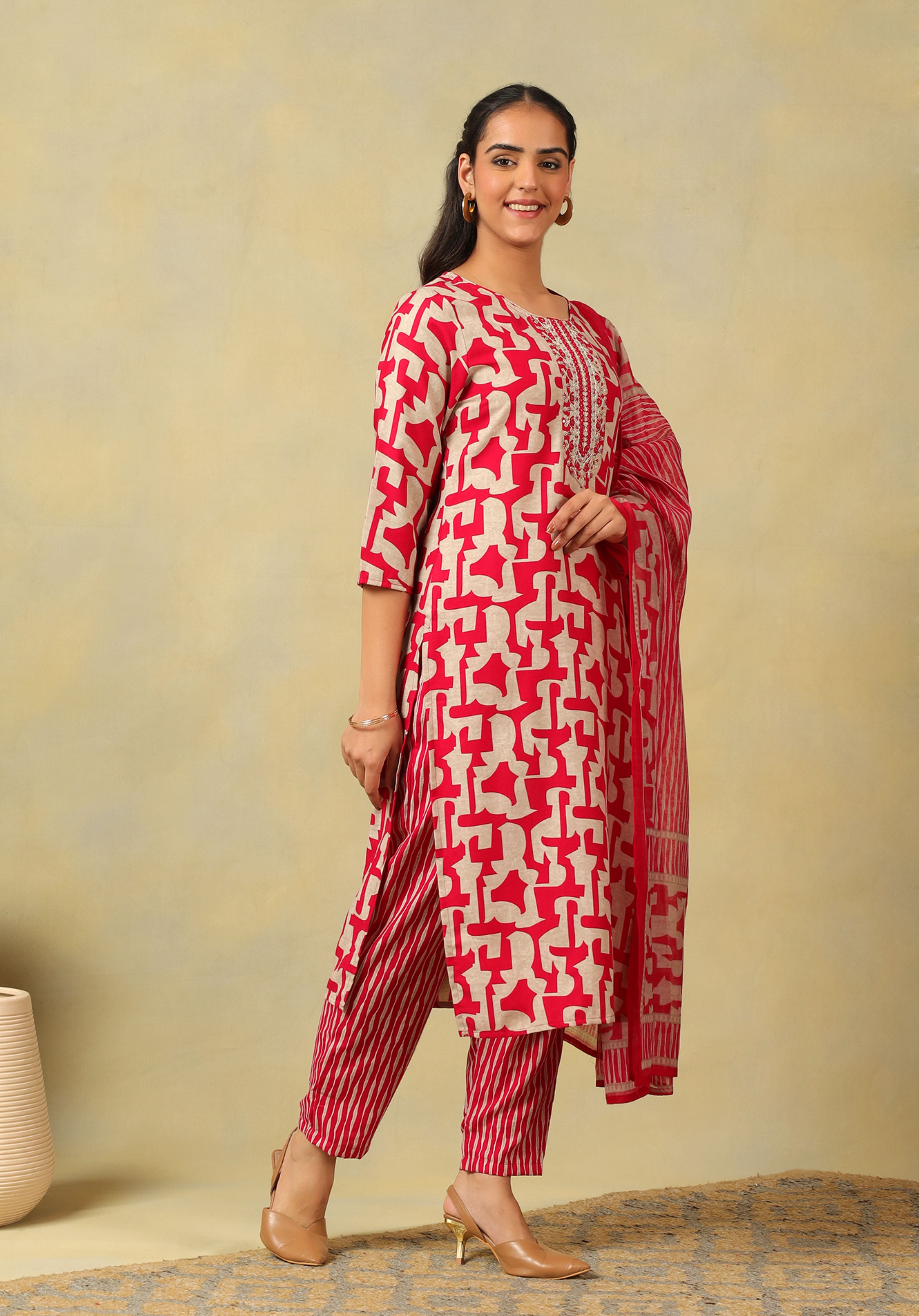 Sanaya Deep Rose Abstract Suit Set
