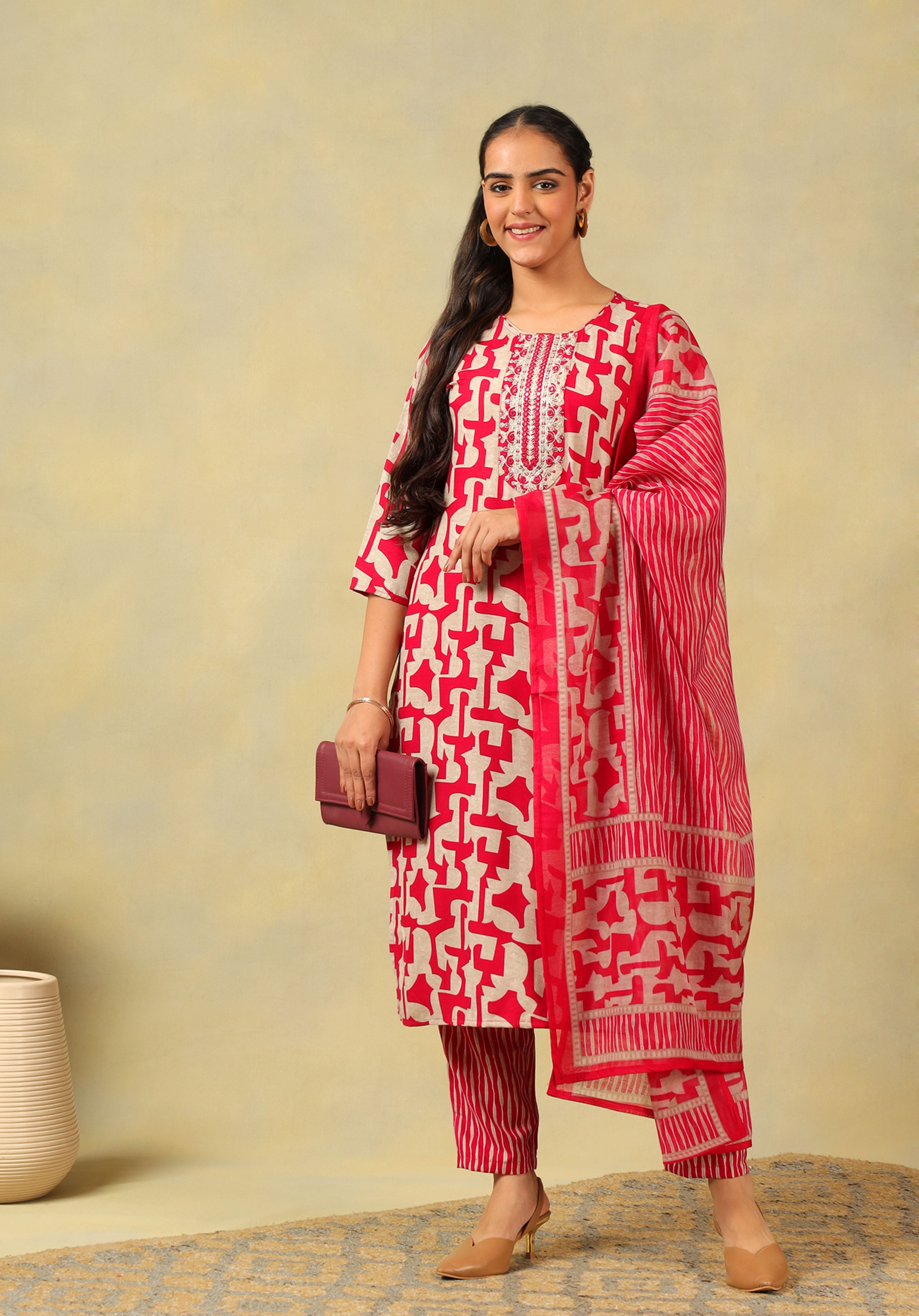 Sanaya Deep Rose Abstract Suit Set