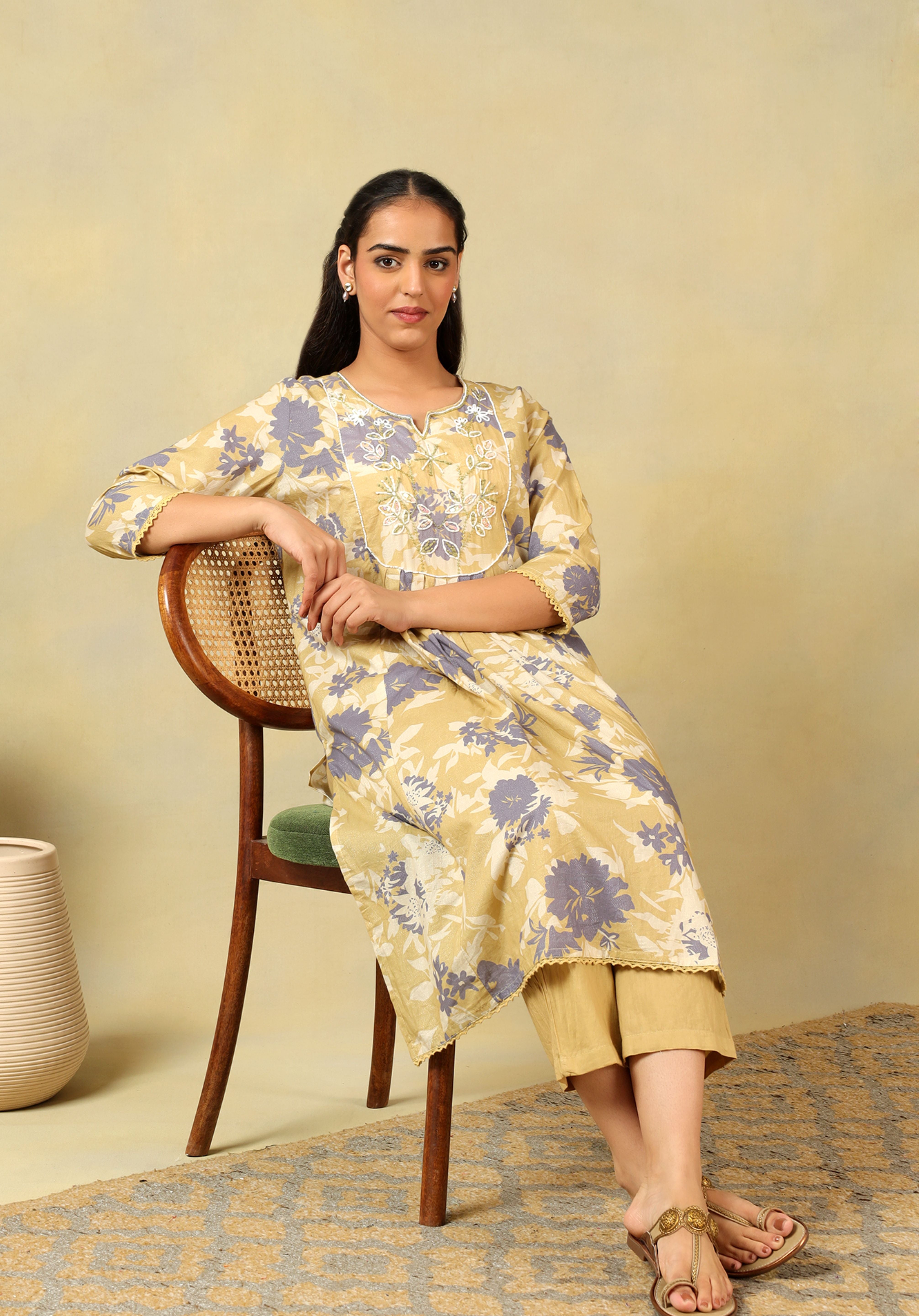 Kimaya Ochre Floral Bloom Kurta-Set