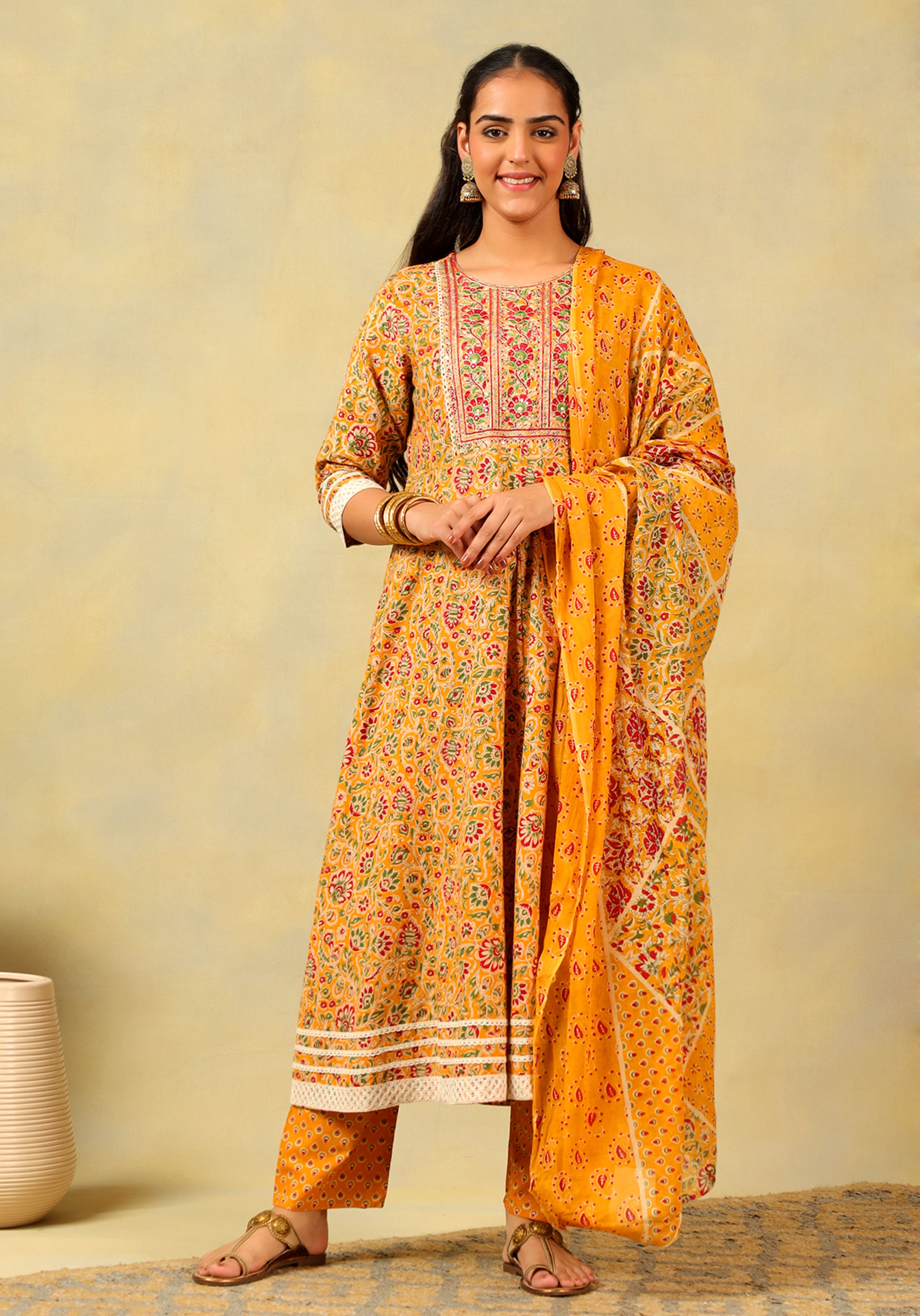 Amara Mustard Floral Anarkali Suit Set