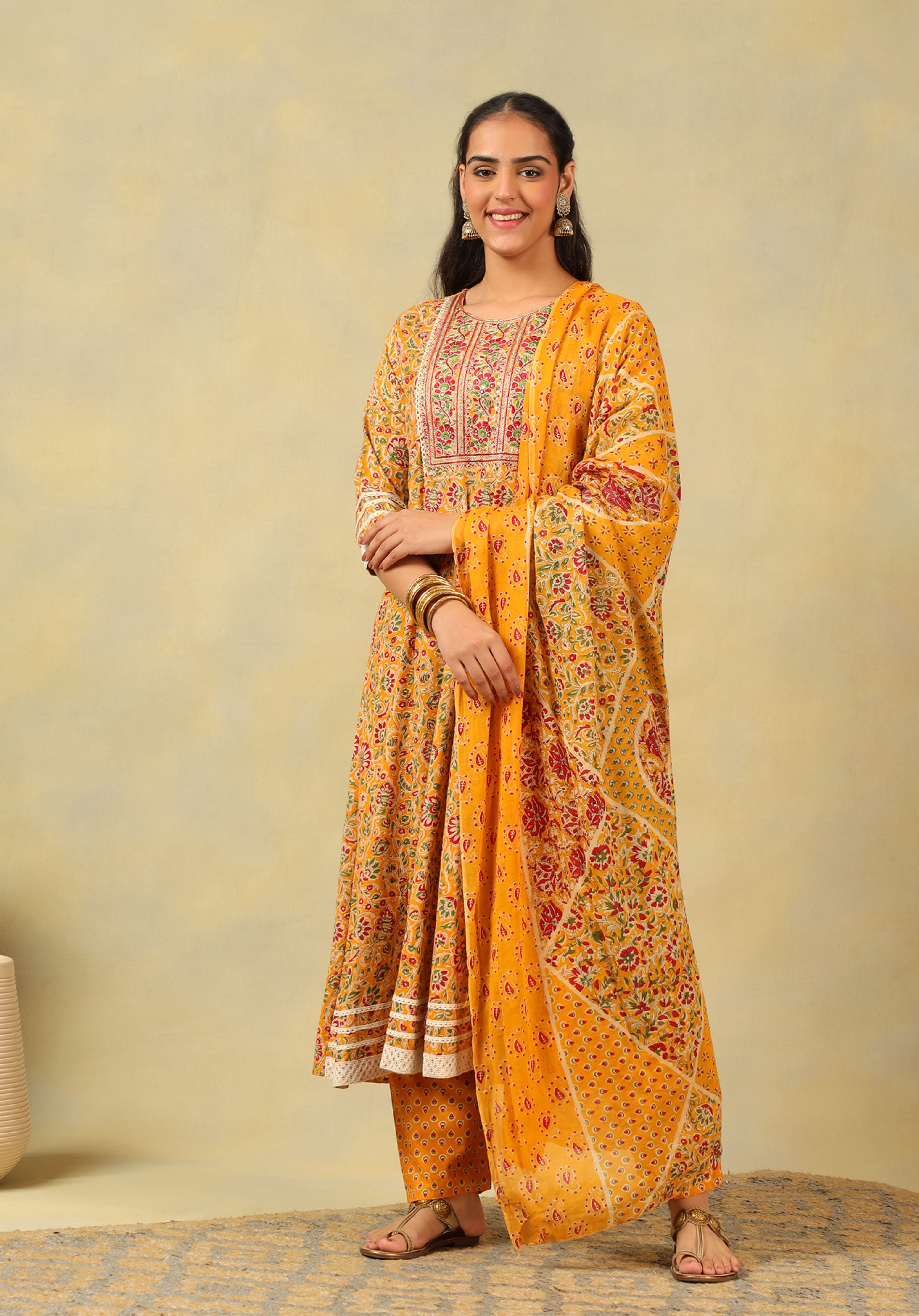 Amara Mustard Floral Anarkali Suit Set