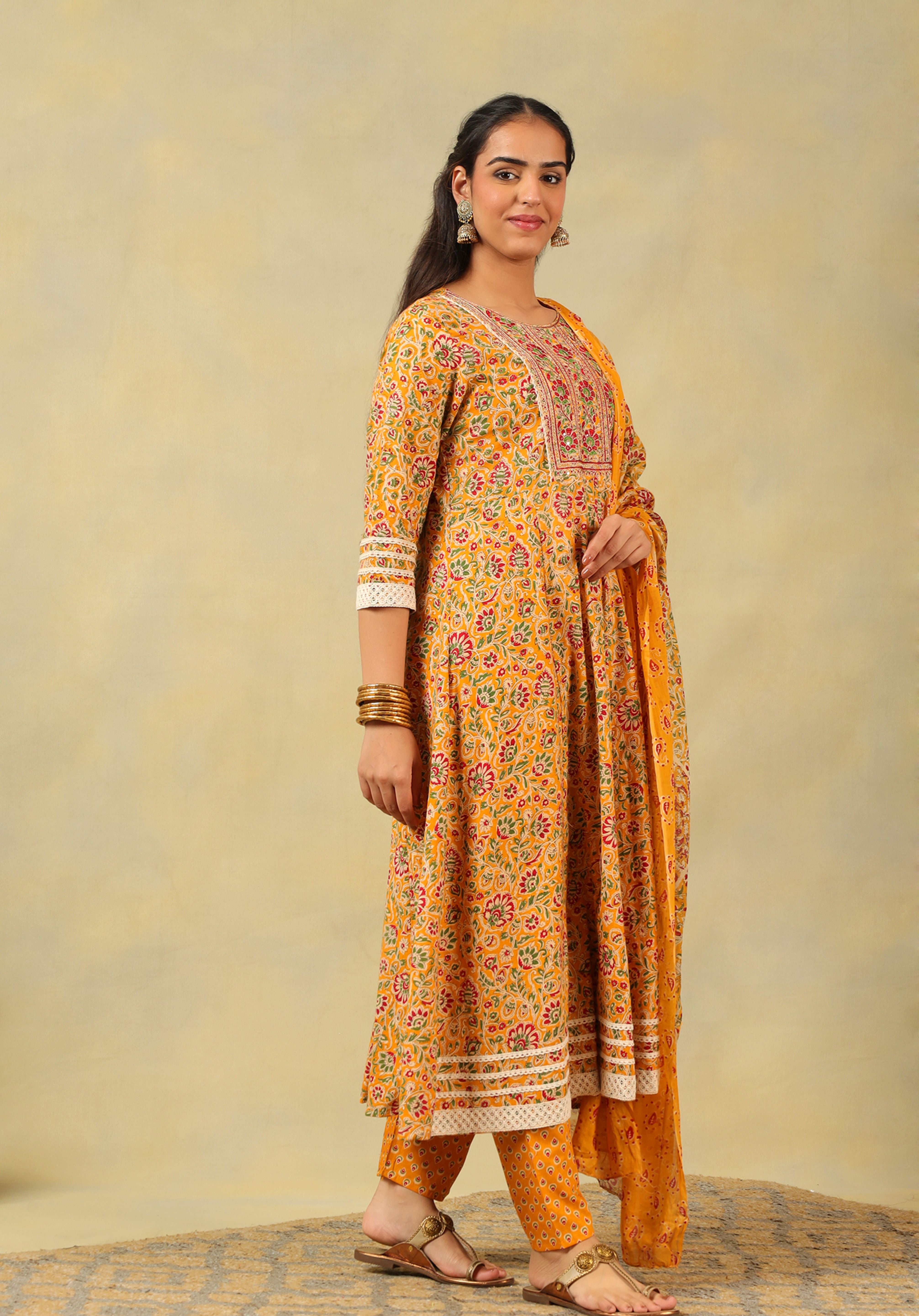Amara Mustard Floral Anarkali Suit Set