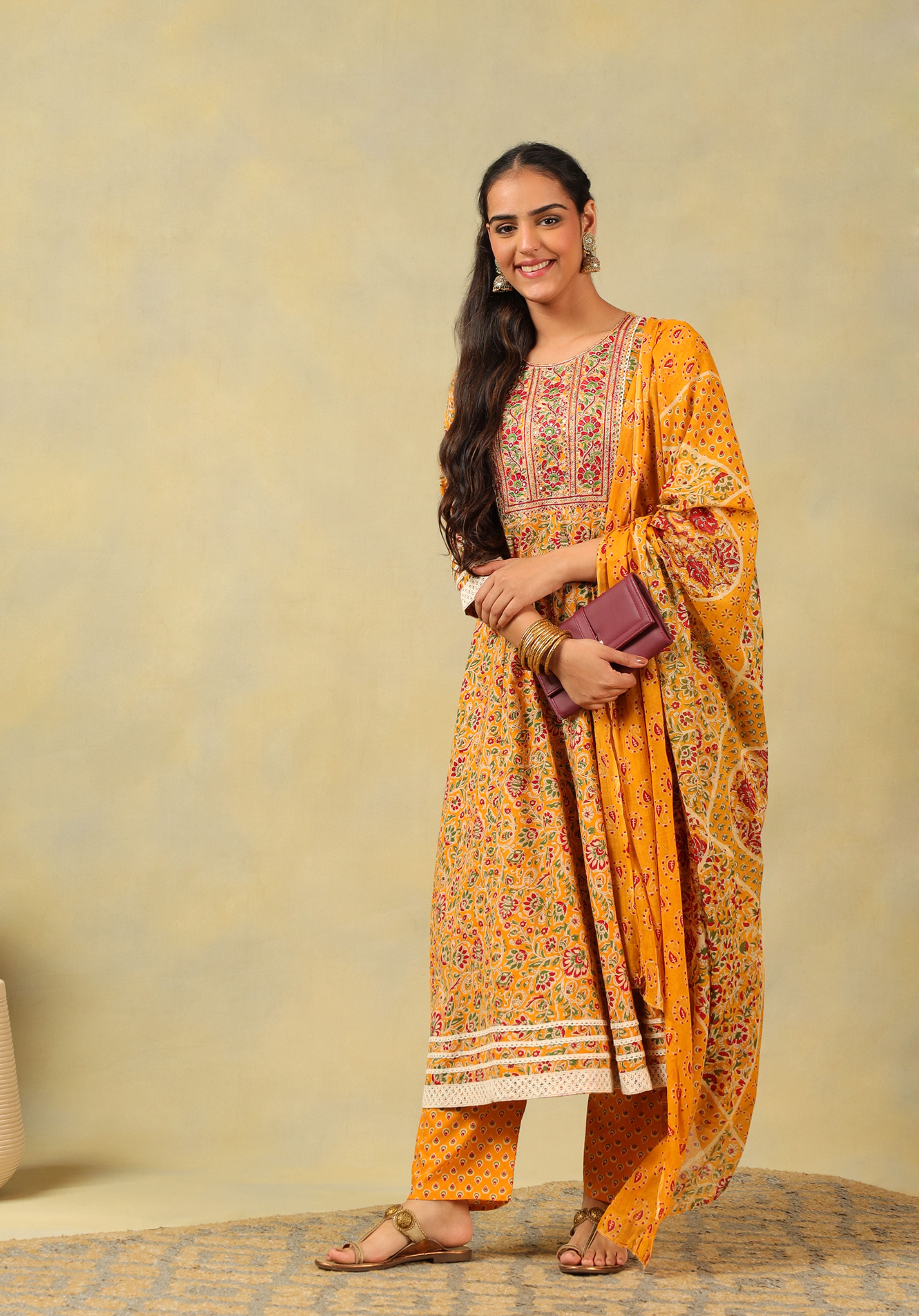 Amara Mustard Floral Anarkali Suit Set