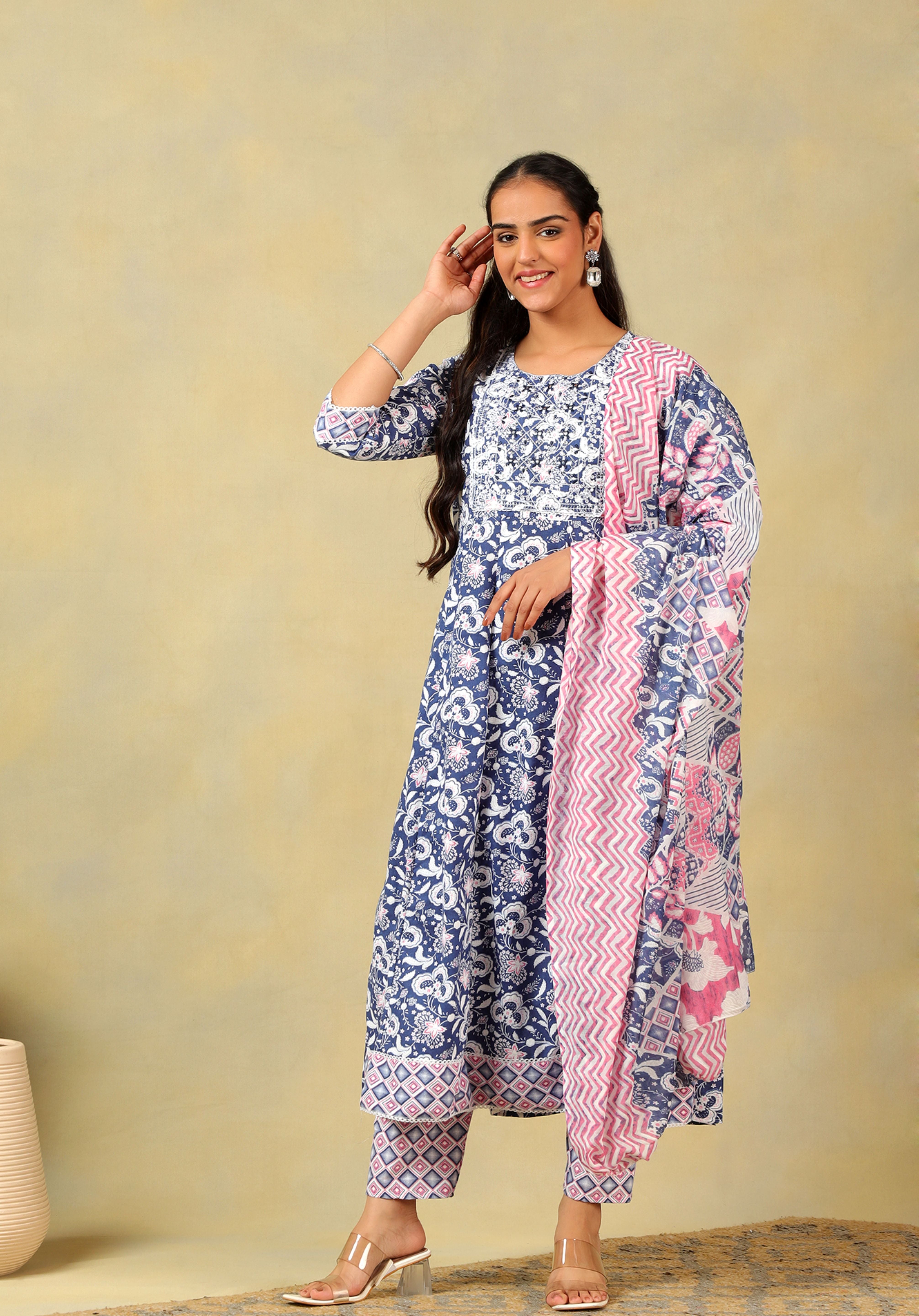 Myra Navy Floral Bloom Anarkali Suit Set