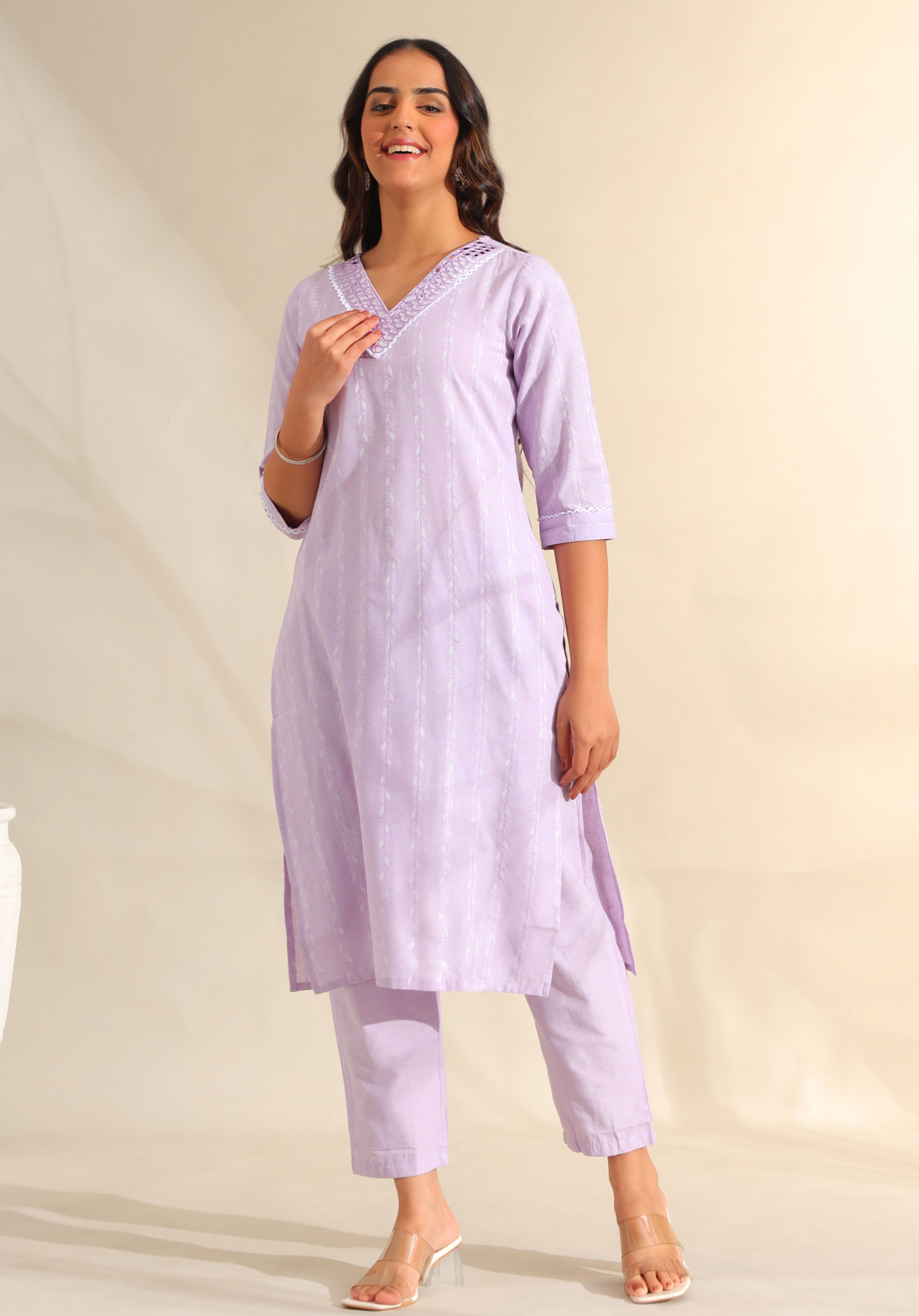 Sia Lavender Zari Stripe Kurta-Set