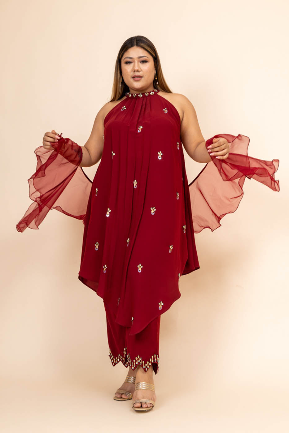 Husna Maroon Halter Neck Co-ord Set