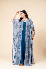 Blue Long Dress with Printed Shrug