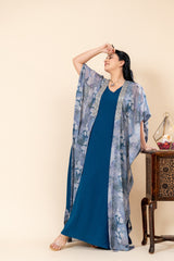 Blue Long Dress with Printed Shrug