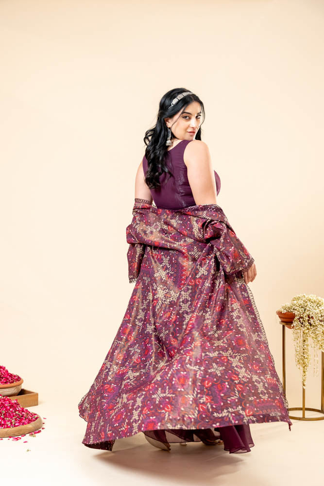 Mehfil Wine Co Ord Set with Printed Cape