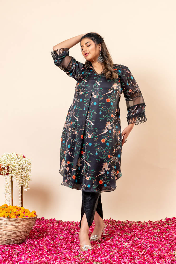 Gulistan Black Kurti With Tulip Pants Co Ord Set