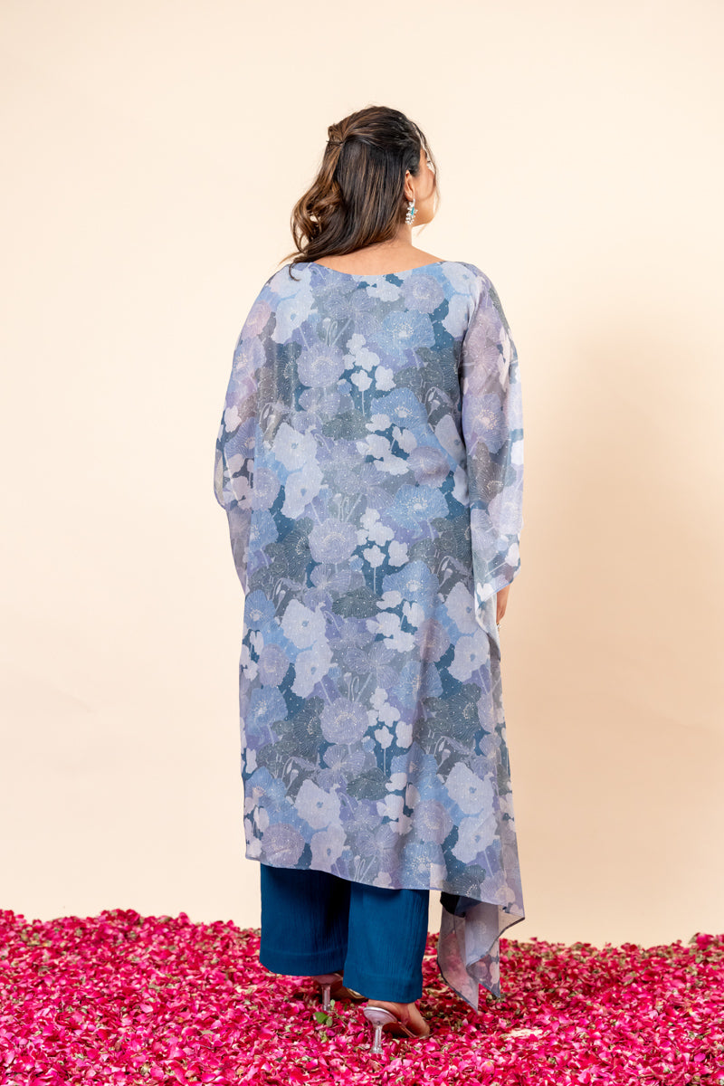 Blue Floral Chiffon Kaftan Set