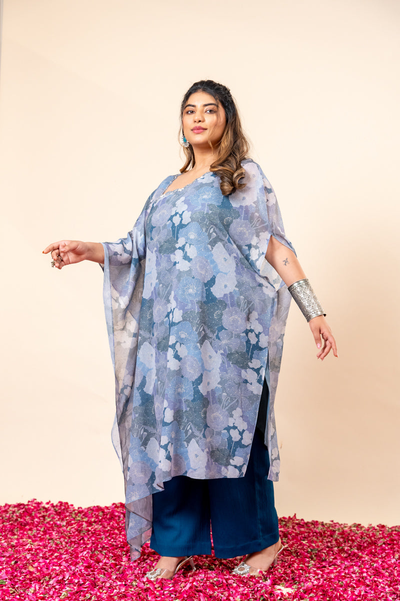 Blue Floral Chiffon Kaftan Set