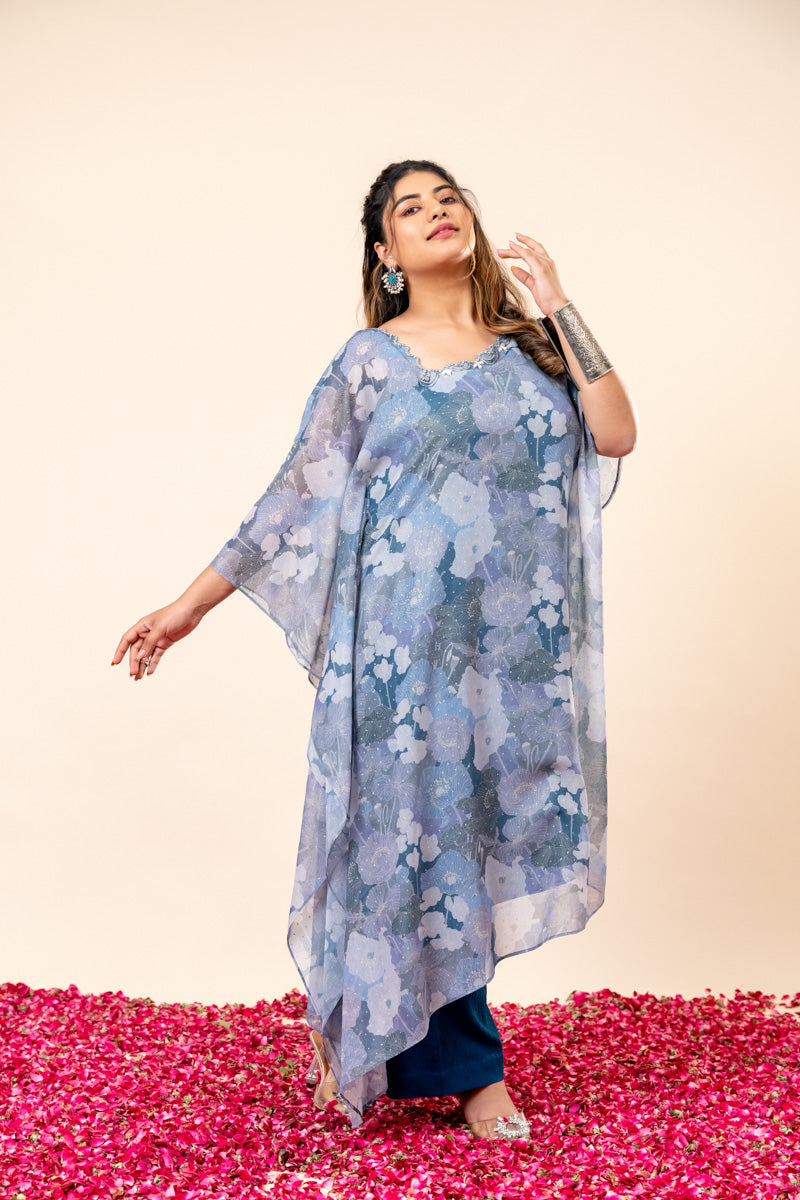 Blue Floral Chiffon Kaftan Set