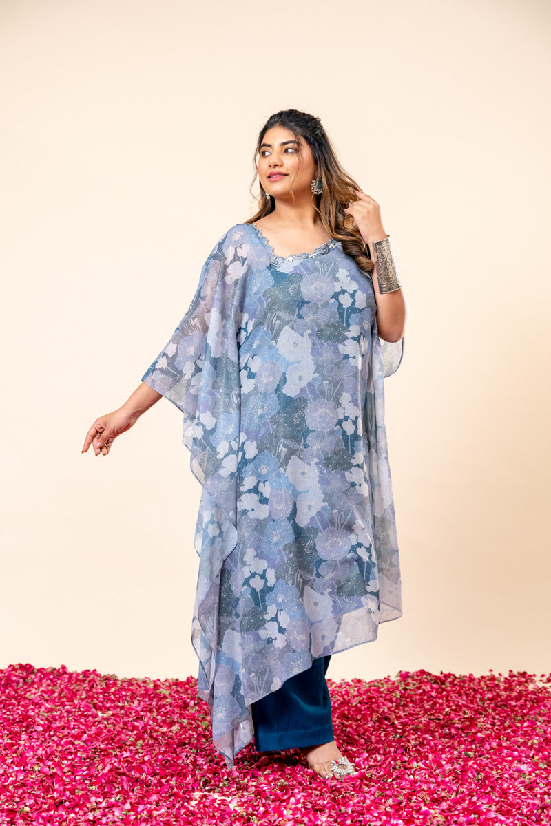 Blue Floral Chiffon Kaftan Set