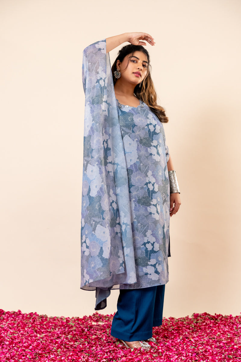 Blue Floral Chiffon Kaftan Set