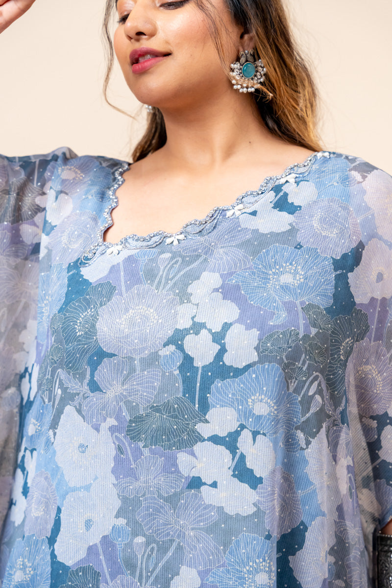 Blue Floral Chiffon Kaftan Set