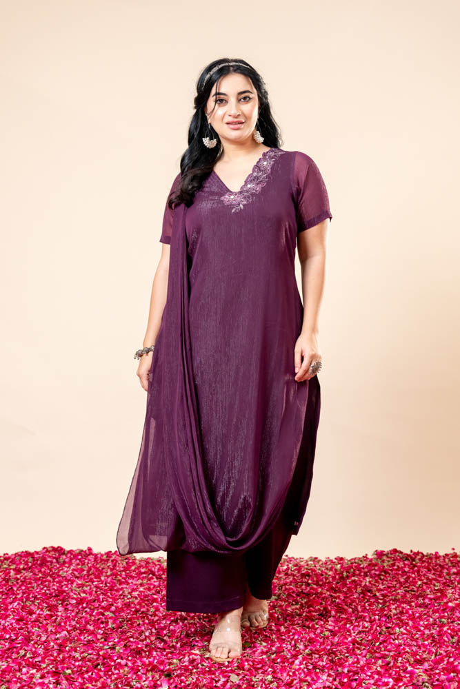 Mehfil Wine Attached Dupatta Co Ord Set