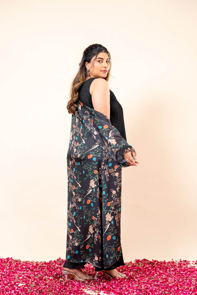 Gulistan Black Co Ord Set with Printed Cape