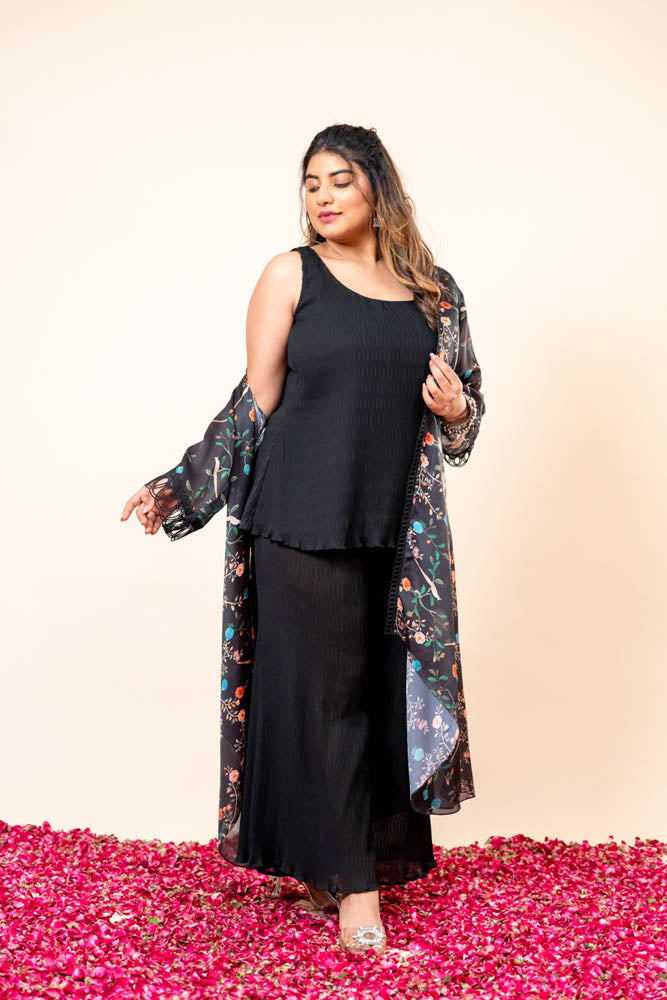 Gulistan Black Co Ord Set with Printed Cape