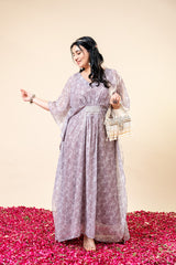 Printed Kaftan Dress with Attached Pearl Belt