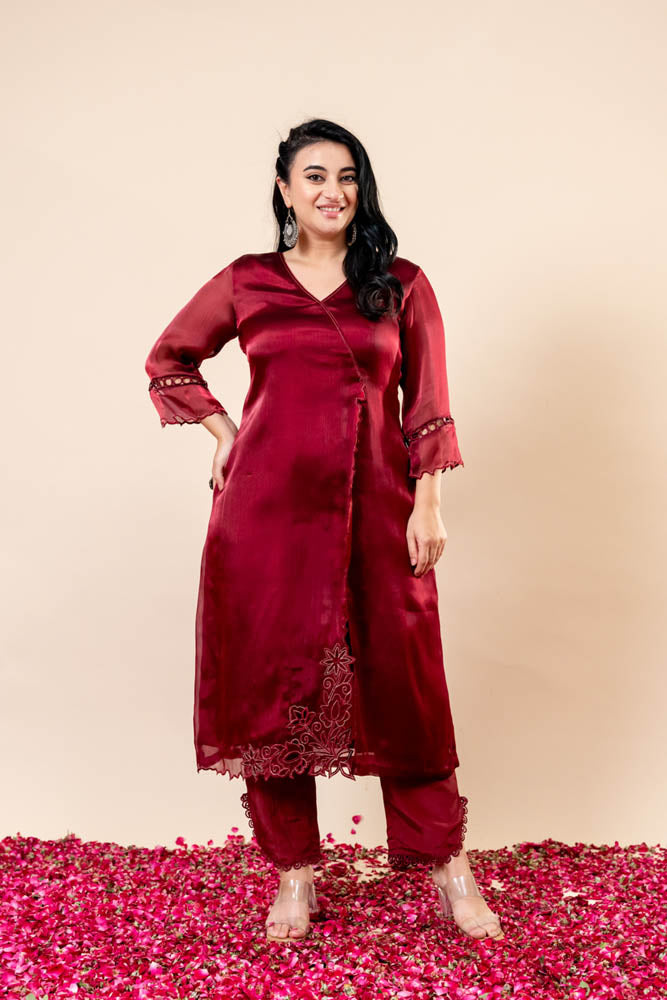 Gauhar Red V Neck Angrakha Kurti Set