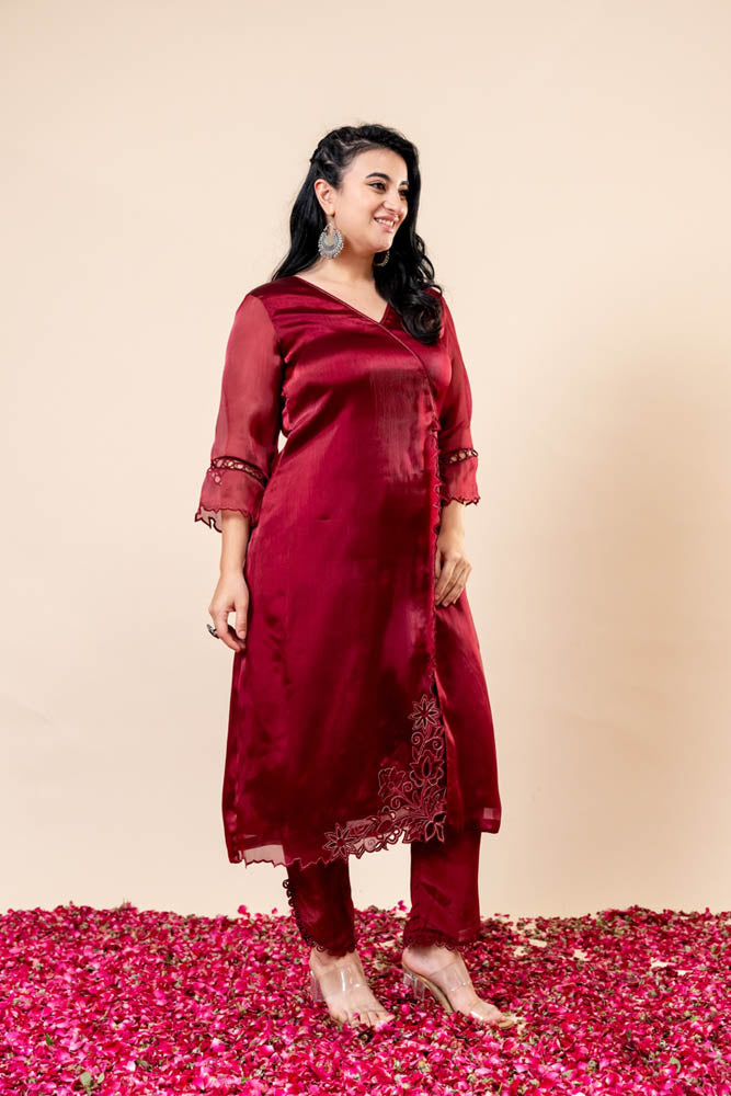 Gauhar Red V Neck Angrakha Kurti Set