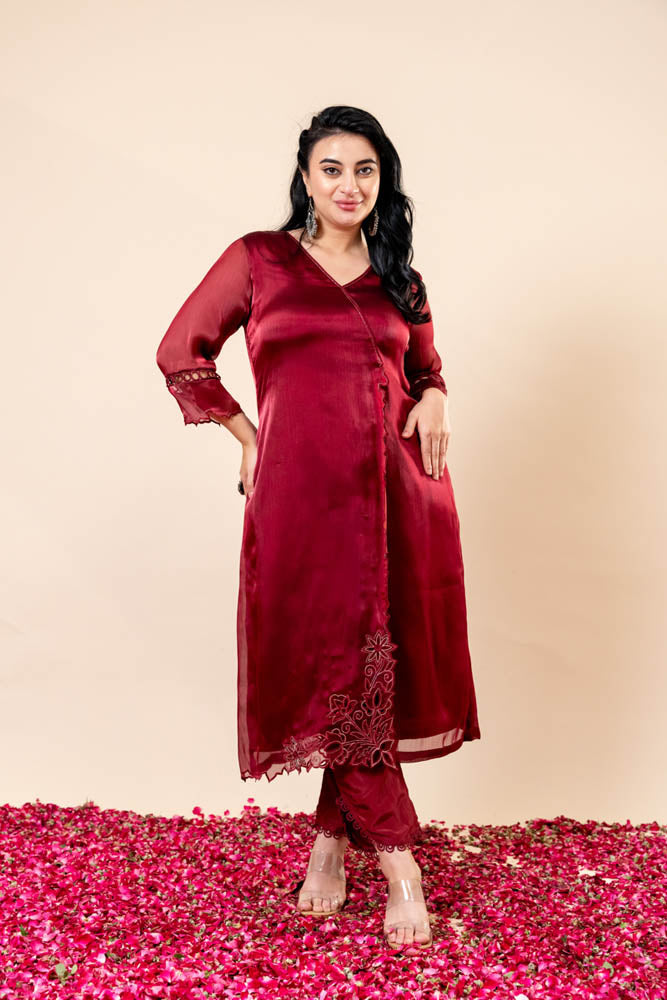 Gauhar Red V Neck Angrakha Kurti Set