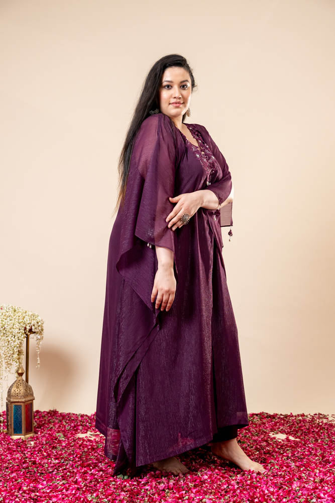 Mehfil Wine Embroidered Kaftan Set