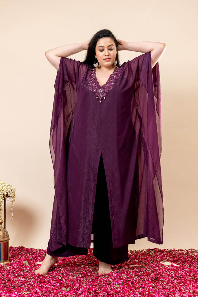 Buy Designer Mehndi Dresses for Women ! Wine Embroidered Kaftan