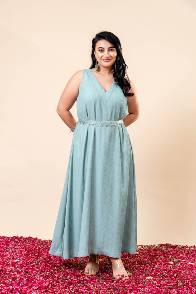 Shop Luxury Long Dress with Belt Shabnam Blue - Mamicha