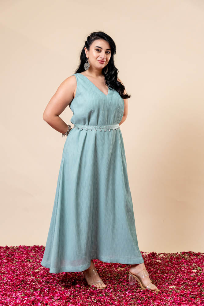 luxury shabnam blue long dress with belt