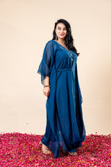 Shimmer Blue Drape Dress with Belt