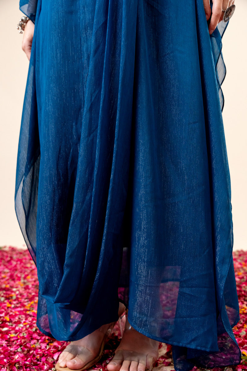 Shimmer Blue Drape Dress with Belt